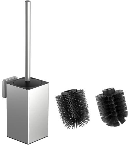 WAVEWO Escobilla de Inodoro de Silicona y Soporte, Soporte para escobilla de Inodoro con 2 Cabezales, escobilla de Acero Inoxidable 304 para la Limpieza del baño (Cuadrado Plateado)