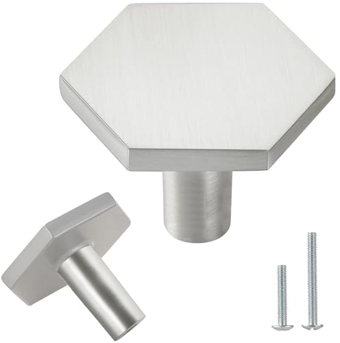 Vandicka 4 Pcs Brushed Nickel Door Knobs - Silver Cabinet Knobs and Drawer Pulls – Hexagon Door Handles for Kitchen Cupboard Dresser Wardrobe, 35 * 26 mm