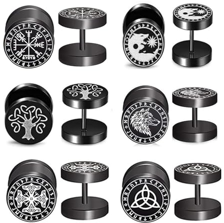 Bulckrew Herren Ohrringe Wikinger Ohrstecker: 6 Paare Ohr Stecker Kreis Viking Gothic Stil Schwarz Studs Piercing aus Edelstahl Lebensbaum Wolf Keltischer Knoten Geschenk für Männer