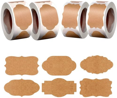 Etiquettes Kraft, 4 Rouleaux 1200 Pièces étiquettes Autocollantes, Papier Kraft Autocollant pour Cadeaux, Décoration, Bouteille, Canettes, Confiture, Artisanat, Projet DIY