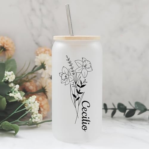 Personalized Name Glass Cup with Birth Flower Custom Tumbler Iced Coffee Tumbler with Straw and lid Gifts for Women, Teachers, Bridesmaids, Birthdays, Mom, Valentines