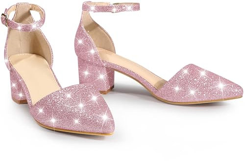 Perphy Escarpins à bout pointu à paillettes avec bride à la cheville et boucle à talon épais pour femme Rose 41