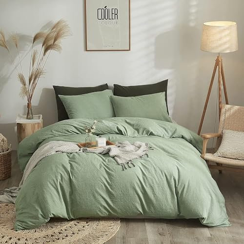 Sedefen Housse de Couette 240x260 cm Vert Sauge Élégant - Parure de Lit 2 Personnes avec Fermeture Éclair - Housse Couette en Microfibre avec 2 Taie d'oreiller 65x65 cm