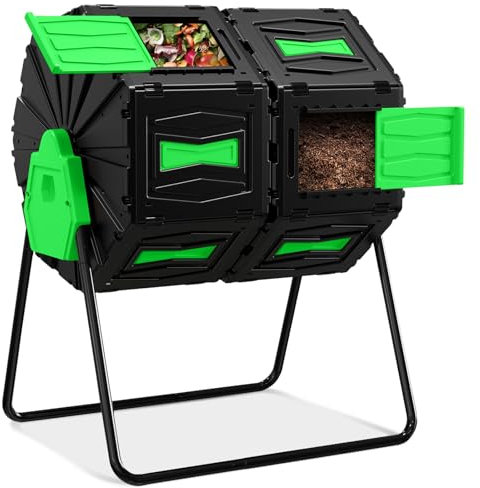 Compost Tumbler, Easy Assemble & Efficient Outdoor Compost Bin, 45 Gallon/170 Liter Large Dual Chamber Rotating Composter for Garden, Kitchen, and Yard Waste, Green Door