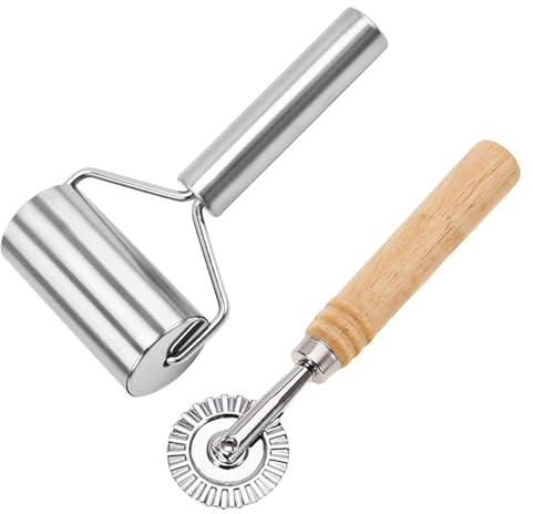 Teigroller, Nudelholz, Nudelhölzer, Edelstahl Nudelholz, Metall Teigroller, Anti Rost Nudelholz, Doppelkopfrolle, Rolling Pin mit Edelstahl Teigrad, Pizza Nudelholz Enthalten Ravioli Schneidrad