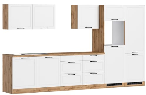 Lomadox Küche Einbauküche Küchenzeile 360 cm in weiß und Eiche, Arbeitsplatte in Eiche