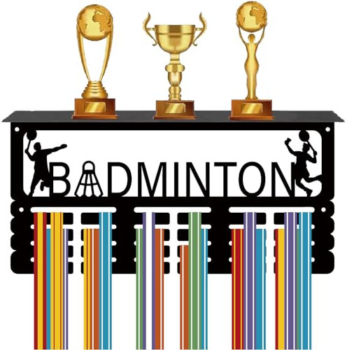 CREATCABIN Badminton-Medaillenaufhänger,Trophäenregal,Medaillenhalter Mit Regalständer,Sport,4 Reihe,Metallrahmen Zum Aufhängen An Der Wand,Für 70+Medaillen Laufwettbewerbe,Medaillenständer 40x20x10cm