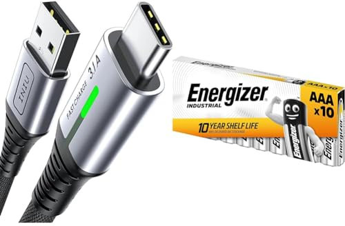 INIU USB C Charger Cable 2m 3.1A Type C Cable Fast Charging, Braided USB A to USB-C Phone Charger & Energizer Industrial Alkaline AAA Battery LR03 1.5V - Pack of 10