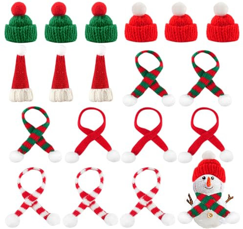 Deepton 18 Stück Mini Weihnachtsmütze Und Mini-Schal, Flaschenverschluss, Lutscherhut, Hut Mit Schal für Tischdekoration Flaschen Zum Befüllen Weihnachten, für Basteln Schneemann Geschenk Dekoration
