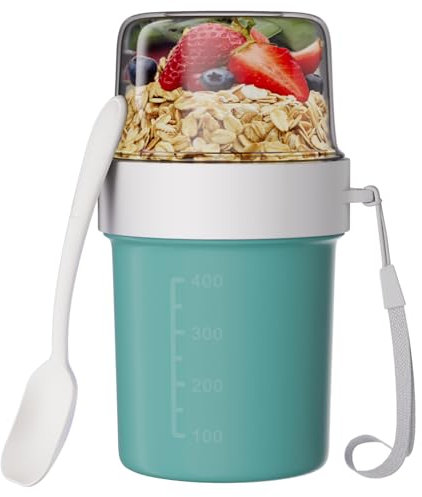 Wwtop Müslibecher to Go mit Löffel, 560ml+310ml Auslaufsichere Joghurtbecher to Go, 2 in1 Müsli to Go Becher, Praktischer Müslidose Müslibox für Kinder Erwachsene Unterwegs (Grün)