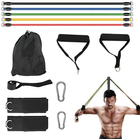 5er Set Resistance Bands Expander, Zubehör für Hometraining, Widerstandsbänder mit Türanker, Griffe, Knöchelriemen, Fitnessbänder für Yoga, Pilates, Training, Klimmzughilfe, Krafttraining