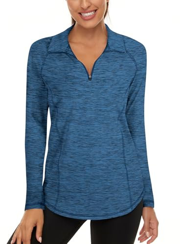 Akiooue Womens Long Sleeve Running Tops 1/4 Zip Up Quick Dry Gym Sports Tops Blue Black