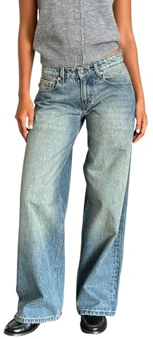LYSINK Women Wide Leg Jeans Loose High Waisted Straight with Pockets Pants Summer Spring Casual Denim Long Trouser (Ba Sky Blue, M)