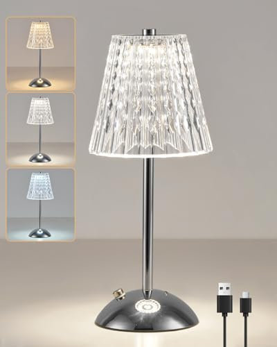 HARPER LIVING Rechargeable Table Lamp, LED Desk Lamp Battery Operated, 3 Colors and Dimmable, Bedside Reading Light Polished Chrome Finish, Cordless Touch Lamps for Bedroom Living Room Dining