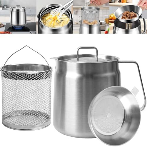 Wandefol Pot de Filtre à Huile en Acier Inoxydable, 2L Récipient à Huile de Cuisson avec Panier à Friture, Passoire à Bacon avec Filtre en Maille, Réservoir Stocker l'Huile et la Graisse de Cuisson