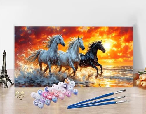 Peinture Numero Adulte Cheval Peinture par Numero Coucher Soleil Painting by Numbers Kits, Activité Manuelle Adulte avec Peinture Acrylique et Pinceaux,Decoration Maison Cadeau Toile 70x140cm N5-293