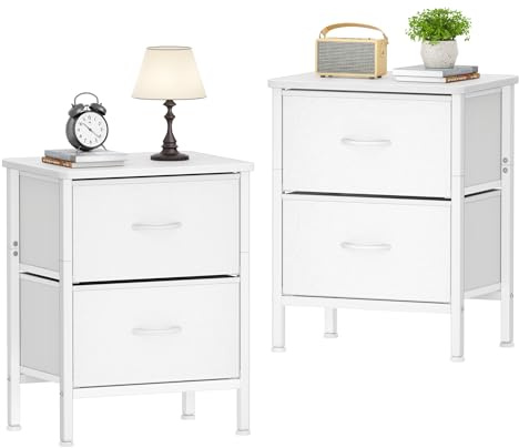 HOMIDEC Mesita de Noche, Juego de 2 Mesitas de Noche con Estructura de Metal y 2 Cajones de Tela de Gran Capacidad para Dormitorio, Salón, Color Blanco, 42 x 30 x 55 cm