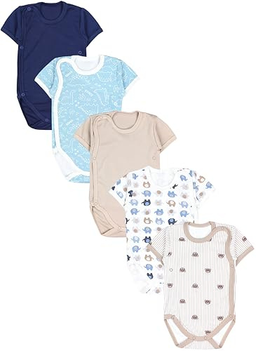 TupTam Baby Body Kurzarm Jungen – Wickelbody Kurzarm aus Baumwolle im 5er Set – OEKO-TEX Zertifiziert, Farbe: Dino Bären Elefanten Beige Dunkelblau Eisberg, Größe: 80