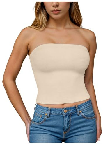 NMSLCNM Débardeur sans Bretelles pour Femme Été Bustier Bandeau Tops sans Manches Vest Debardeur Sexy Haut Décontracté Blouse Bandeau Tube Top Femme Haut Court Slim Fit Y2K Crop Top (Beige, M)