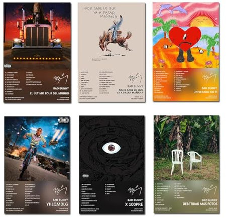 FDSFE Bad Bunny Posteralbum Cover, limitierte Auflage, Leinwandposter, Wandkunst, Dekordruck, Bild Gemälde für Wohnzimmer, Schlafzimmer, Dekoration (6er-Set) ungerahmt 30 x 45 cm
