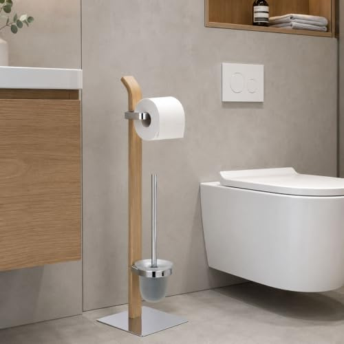 Yellowshop - Piantana Bagno Essenz in Legno Naturale e Metallo Cromato – Porta Asciugamani o Porta Rotolo WC con Scopino – Design Elegante, Base Stabile, Montaggio Facile (Porta Scopino)