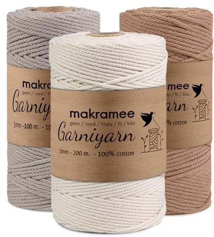Garniyarn Makramee Garn 3mm, 3er-Set, Natural, Simply Taupe, Mocca Mouse | 400m Baumwollkordel, 100% Baumwolle, 4-fach gezwirnt, Oeko-Tex Standard 100