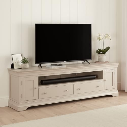 Wilmslow Dove Grey Painted XXL Widescreen TV Unit | Solid Wood TV Stand for TVs Up to 100 Inch | Modern Rustic Media Console with Storage | Large Entertainment Unit for Living Room