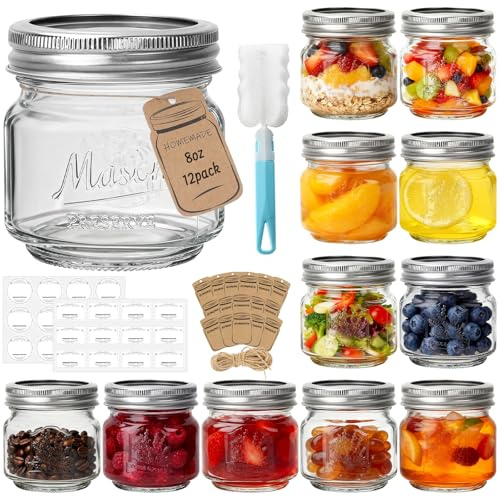 HYCKee 250ml 12 Pack Mason Jars, Food Cantainer Jar, barattoli di decapaggio