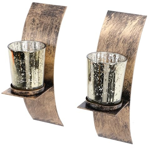 BAOFUYA 2 Stück Rustikale Wandkerzenhalter, Wanddekoration aus Antikem Metall in Gold und Bronze mit Kerzenbecher aus Glas für den Eingangsbereich Im Flur