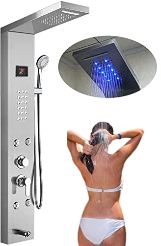 ANXYYDS Shower Panel Tower System LED Stainless Steel Shower System Shower Fitting Shower Column Rain Shower Head Hand Shower Fitting Shower Set Massage Nozzles Silver