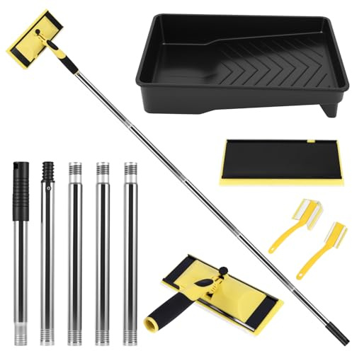 Paint Pad Set with 1.2M Extension Pole, 9 Inch Paint Bristle Brushes with 2pcs Replacement Paint Pads, Paint Tray Set with Triangular Brush and Paint Edger Brush for Painting Walls Ceilings Doors