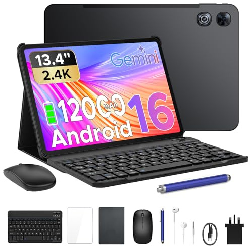 POCKAM P13 Tablets,13.4 Inch 2.4K 120Hz Android 16 Tablet with Gemini AI, 48GB RAM 128GB ROM, 12000mAh Battery,Widevine L1,13MP + 8MP Camera, Dual Speakers, Tablet with Keyboard & Pen-Case Black