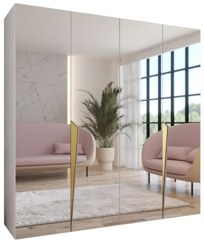 MEBLE KRYSPOL - Kleiderschrank - Garderobenschrank - 200 cm x 202 x 52 cm - Schrank mit Kleiderstange und Spiegel, 4 Türen - für Schlafzimmer, Flur - Piano, Weiß, Griff Gold