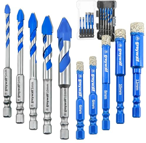 Greywolf 10 pcs Diamond Drill bit Set, Tile Drill bits, Suitable for Ceramic, Glass, Porcelain, Marble, and Granite in Drilling Holes, Hexagonal Shank Tile Drill bits with Cooling Wax, 5/6/8/10/12mm