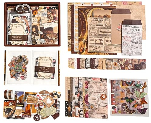 RANYAKE Set mit 260 Teilen für Scrapbooking, Kit für Junk-Journals, Vintage-Stil, enthält A6 quadratische Notizbücher, Aufkleber, Scrapbooking-Zubehör, DIY-Dekorationen