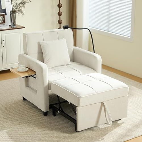 FammyLoft Schlafsofa mit 5-Fach Verstellbare Rückenlehne, Klappbares Sofa Bed mit Handyhalterung, Ecksofa mit Tablett, Einzelschlafsofa, Kleines Sofa, für Wohnzimmer/Schlafzimmer/Büro, Beige