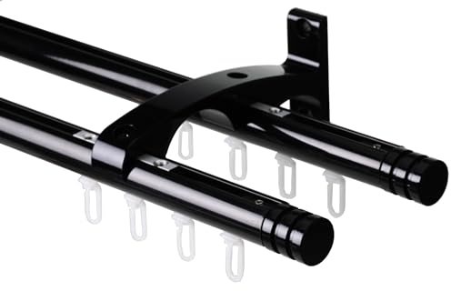 DécoProfi Gardinenstange Innenlauf 2-läufig Set Ø 20 mm Schwarz I Länge: 180cm Aluminium für Wandmontage I Als Gardinenschiene & Vorhangstange geeignet