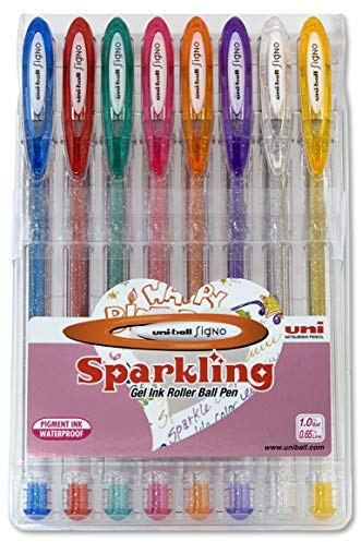 Uni Ball-Etui 8 Roller um-120 sparkling. Tinte Gel Effekt purpurina. Farben sortiert.