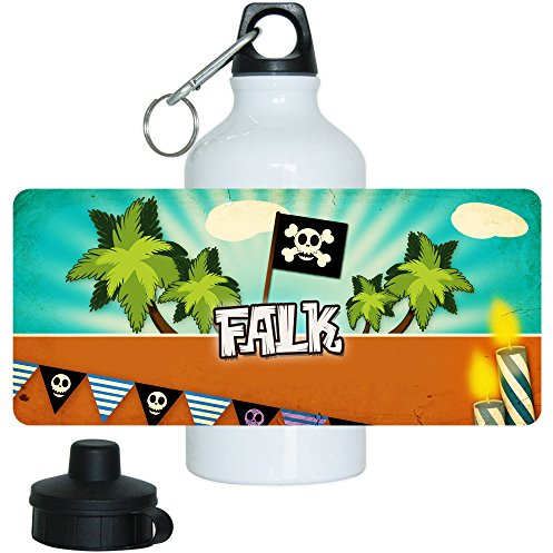 Eurofoto Trinkflasche mit Namen Falk und schönem Piraten-Motiv für Jungen, aus Aluminium