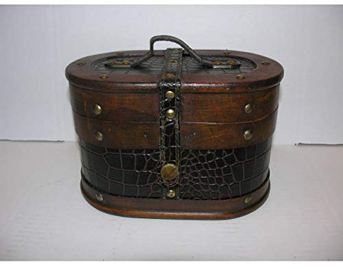 gr Nostalgischer ovaler Hutkoffer 23cm Holz Leder Hutschachtel Antik-Stil Truhe Box