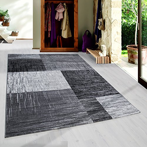 SIMPEX Teppich 80x150 cm Schwarz Kurzflor Abstrakt Kariert Design Moderner Läufer für Wohnzimmer Schlafzimmer Flur Küche Esszimmer Kinderzimmer Pflegeleicht Weich