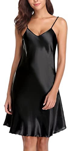 Vlazom Nuisette Femme Sexy Satin Chemise de Nuit Courte Bretelles Reglables Robe de Nuit,L, Style A-Noir