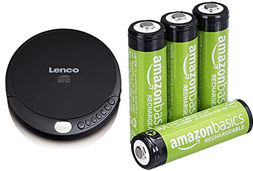 Lenco CD-010 - Lecteur CD Portable Walkman - Diskman - CD Walkman - avec écouteurs et câble de Chargement Micro USB - Noir & Amazon Basics Piles Rechargeables AA, pré-chargées - Lot de 4