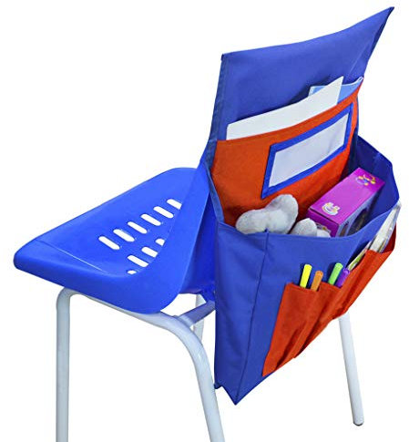 FakeFace Classroom Chair Pocket Organizer Seat Companion with Name Tag Slot, Kids School Supply Chair Back Storage Pockets Buddy Hanging Storage Bag for Classroom/Daycare/Homeschool Blue with Red
