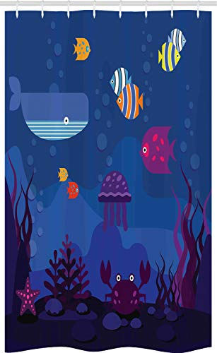 ABAKUHAUS Unterwasser Schmaler Duschvorhang, Aquarium Walfisch Art, Badezimmer Deko Set aus Stoff mit Haken, 120 x 180 cm, Mehrfarbig und Blau
