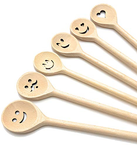 Balna 6 Stück Kochlöffel Holz Set, Holzkochlöffel mit Gesicht Motiv Backlöffel Hartholz Buchenholz Küchenhelfer Holz Geschenk Basteln Laserschnitt