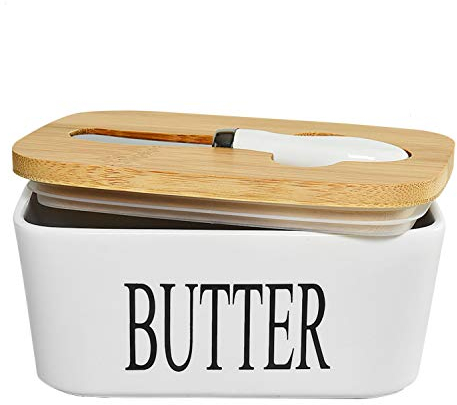 Gonioa Beurrier en céramique avec couvercle (650 ml), grand récipient hermétique avec couvercle en bambou et couteau à beurre