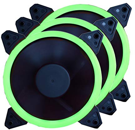 iONZ Halo PC Gaming Green Cooling Fan 120mm LED, Hydro Bearing, 9 Blade Fan. 3 pin fan connector and 4 pin Molex Connector. 3 bulk pack