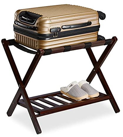 relaxdays Porte-Valise Pliant, Bois, H x L x P : 54,5 x 66 x 44,5 cm, 2 étagères, Repose Bagages hôtel, Marron