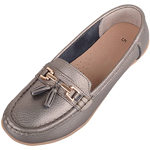 ABSOLUTE FOOTWEAR Womens Slip On Casual Leather Loafer/Deck/Boat Shoes/Sandals - Gun Metal - UK 8